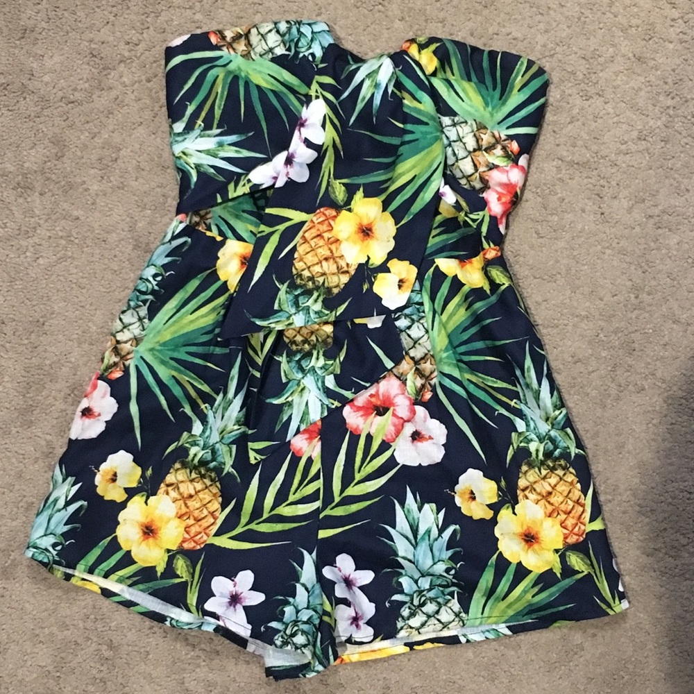 Tropical print strapless romper